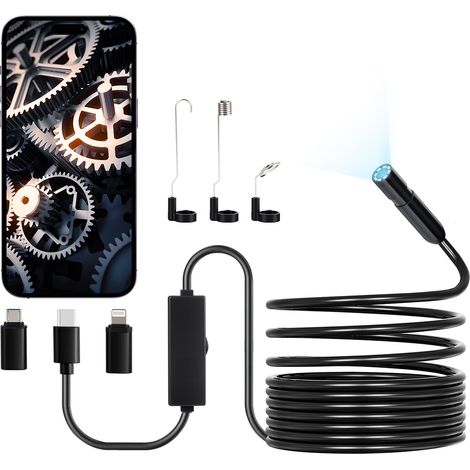 VEVOR Camera Endoscopique avec Cable Semi-rigide 5 m, Endoscope HD 1920p pour Android et iOS, avec 8 Lumieres LED Reglables, Zoom, Etanche IP67, Camera Serpent deInspection pour Automobile, Plomberie