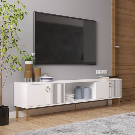 Fernsehtisch Imerese, 2 Türen, 3 Fächer, Klappöffnung, 180x30x45h cm, Weiß (1/5)