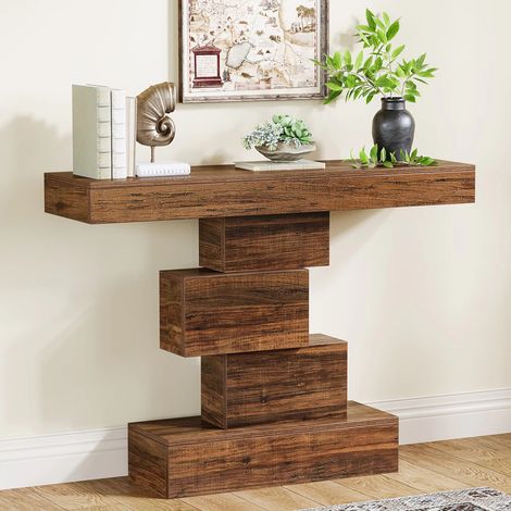 Table d’entrée étroite 42,5 pouces – meuble console en bois style industriel rustique – base géométrique