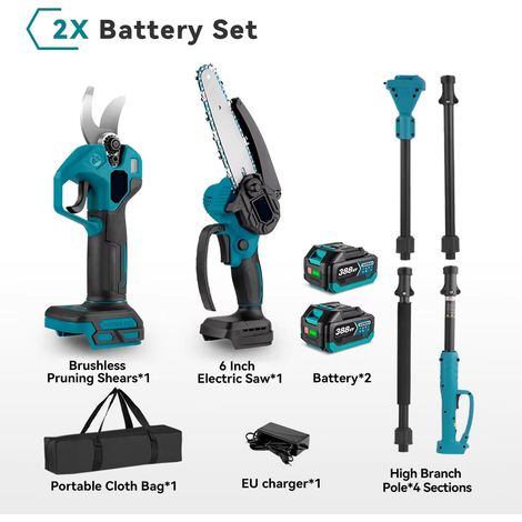 Tronçonneuse perche électrique – Sans fil – Élagage 3 fonctions – Set 25 mm (6 pouces) – 3 accus – Pour Makita (1/5)