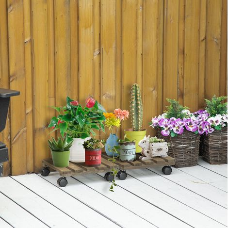 Set di 2 portavasi con ruote 30x30x7 cm, con freni, in legno marrone (1/5)