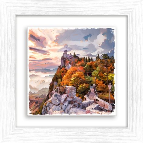 Lupia - Quadro moderno con paesaggi e localismi italiani, Ceramica e Stampa Rilievo, Cornice Legno Shabby Modern bianca, Decorazione Parete, Quadretti Soggiorno, 29x29 cm, RIMINI PANORAMA SAN MARINO (1/4)