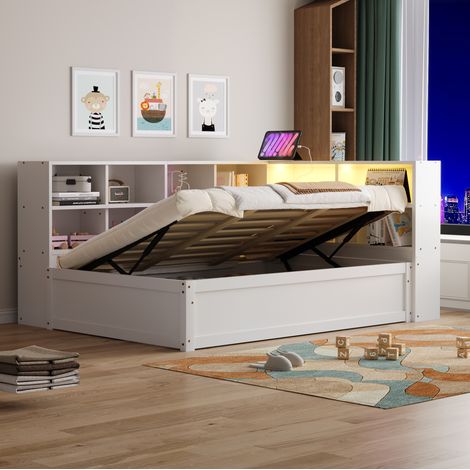 Letto 90x200 in legno bianco con contenitore, LED e prese, senza materasso – MEUBLIV (1/5)