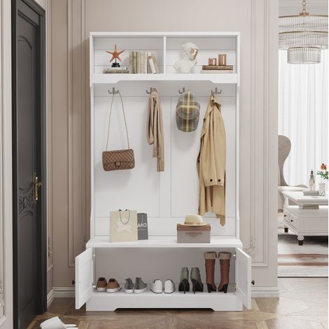 Armadio da ingresso in truciolare bianco con panca integrata, 2 ante, 4 ganci e 2 vani aperti, 101,5 x 183 cm (1/5)