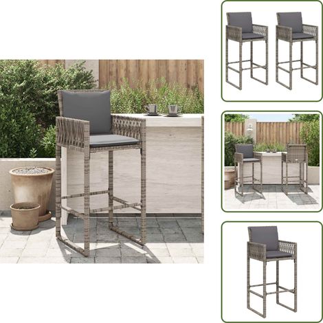 Garten-Barhocker mit Kissen 2 Stk. Grau Poly Rattan - Gartenstuhl - Outdoor-Möbel - Balkonmöbel - Lounge Chair - Barhocker (1/5)