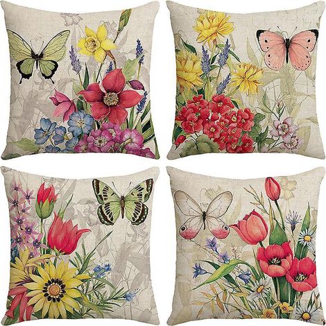 taie D'oreiller, Lot De 4-45 X 45 Cm En Coton Et Lin Imprim Fleur  Marguerite Housse De Coussin Carr Pour Lit Voiture De La Maison Canap (1/5)