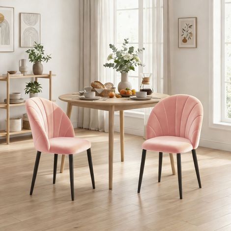 Set 2 Sedie da Pranzo Imbottite con Schienale a Conchiglia in Velluto, 52x55x79 cm, Rosa