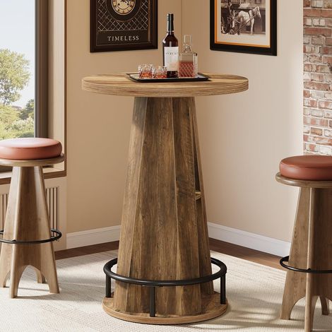 Tribesigns Stehtisch rund, Bistrotisch mit 100 cm Höhe und Stauraum, industrielle Cocktail- und Pubtische mit Metallfußleisten für Wohnzimmer, Bar, kleinen Räumen, braun (1/5)