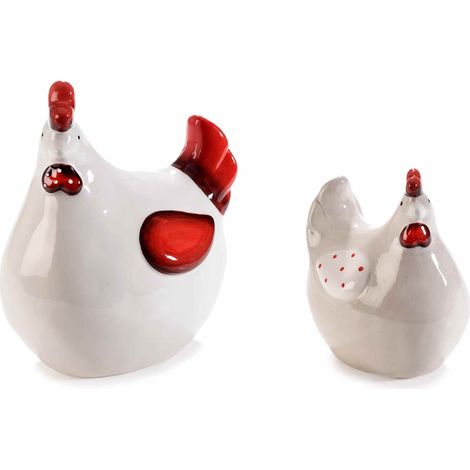 Petites poules décoratives en céramique avec détails colorés à poser, par deux, lot de 2, Grand : 12 x 8 x H. 14,5 cm