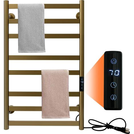 Sèche-Serviette Électrique Doré Chauffe-Serviettes avec Minuterie 1-8H, Porte-Serviettes Chauffant avec Contrôle De La Température, Étendoir Chauffant Mural 8 Barres,Hardwired (1/5)