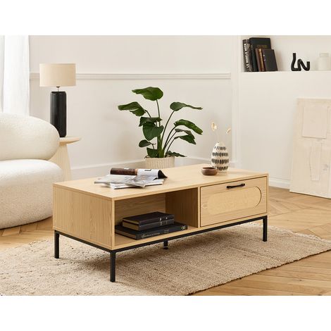 Bestmobilier – Table basse rectangulaire 110 cm en panneaux de particules – Cannage vintage – 2 tiroirs et 1 niche – Pieds métal noir