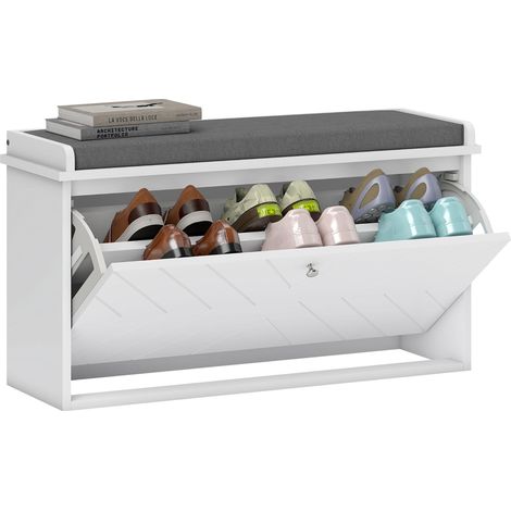 Meuble à chaussures avec banc, étagères réglables et coussin rembourré pour 8 paires de chaussures, 80 x 26 x 48 cm, blanc (1/4)