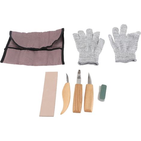 Set aus 5 Holzschnitzwerkzeugen (Meißel, Messer und Löffel). (1/5)