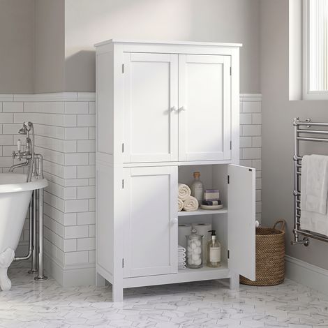Meuble de salle de bain à 4 portes et étagères réglables, pour buanderie, salon, cuisine, 60 x 30 x 110 cm, blanc (1/5)