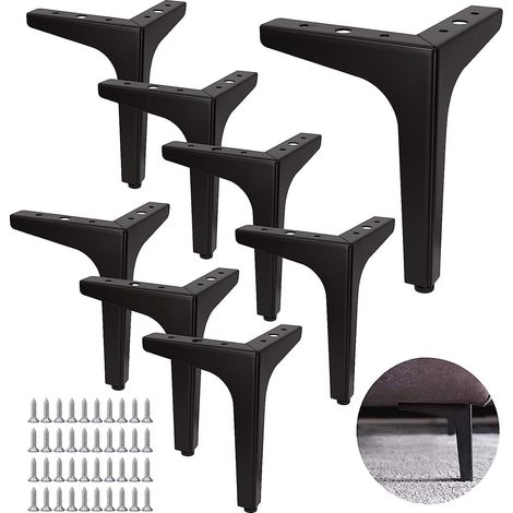 Lot de 8 Pieds de Canapé Metal 17 cm, Pieds de Table Basse Métal Charge Jusqu'à 600 KG Pied de Meuble Noir, Support de Table en Fer Forge/Sofa, Pied pour Meuble TV, Placard, avec 40 vis