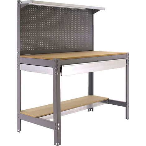 Établi d’atelier métallique complet SimonRack Simonwork BT3 BOX 1500 gris/bois 1445x1510x610mm, panneau perforé, étagères, large tiroir, charge 600kg