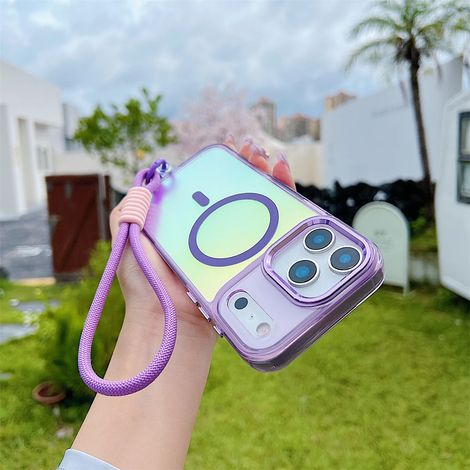 (Violet, iPhone 15 Pro) Coque de protection antichoc de haute qualité avec chargeur sans fil magnétique et dragonne