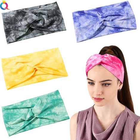 Diadema Turbante MINKUROW, Diadema Anudada Ancha, Diadema Elástica Estampada Para Yoga Para Mujeres Y Niñas (Paquete De 4), Negro, Morado, Verde Y Amarillo (1/5)
