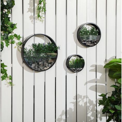 Lot de 3 jardinières murales rondes en acier noir pour succulentes et cactus (1/5)
