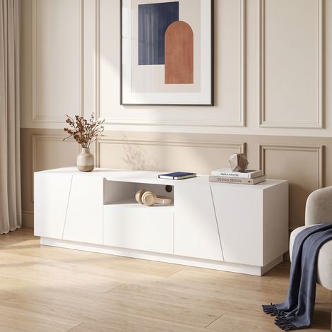 Meuble TV 170 cm avec 4 Portes et 2 Compartiments Ouverts en Bois Style Moderne Blanc (1/5)