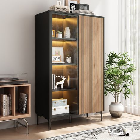 Vitrina alta 90x40x135 cm con 2 puertas, LED Bluetooth, 8 compartimentos, MDF negro y madera para salón (1/5)