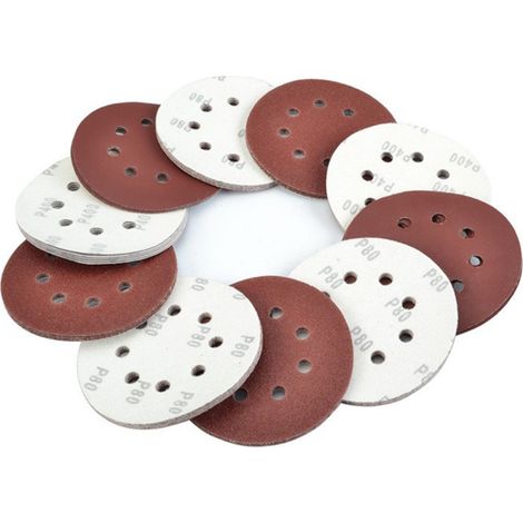 100 disques de ponçage floqués de 12,7 cm (5 pouces), 8 trous, grains 60, 80, 100, 120 et 150, pour meubles et automobile (20 disques de chaque type). (1/5)