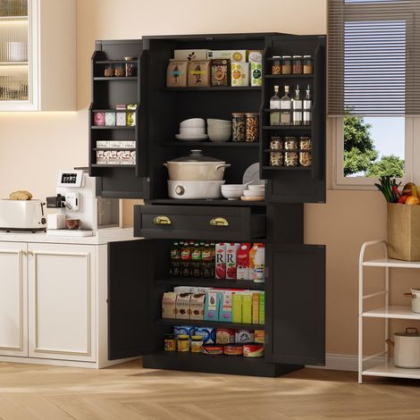 Meuble de rangement haut 80 x 40 x 182 cm, buffet avec 4 portes, 1 tiroir et étagères réglables, noir (1/5)