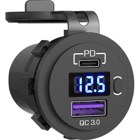 Kfz-Ladestecker, Kfz-Steckdose mit LED-Voltmeter und Schnellladeschalter für Auto, Boot, LKW (1/4)