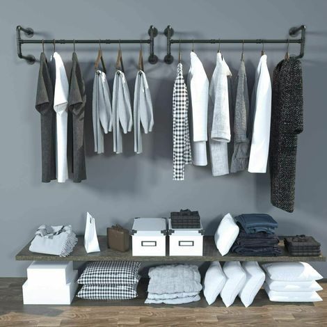 Industrial Pipe Clothes Bar Rack,109cm Wall Mounted 3 Sections Detachable Retro Metal Garment Hanging Storage Rail