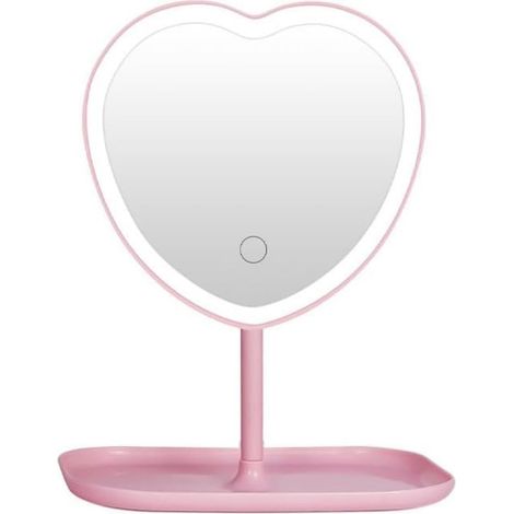 Miroir de maquillage pour étudiante, en forme de cœur, gradation à trois niveaux, miroir de maquillage à lumière LED (rose) (1/5)