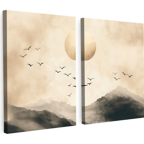 MULTI-PANEL WALL ART Set of 2 Landscape - Japandi - Beige - Birds 120x80 cm
