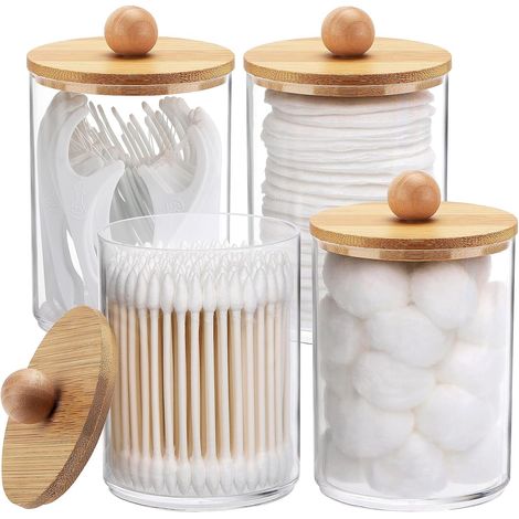 Pot à Coton - Pot Apothicaire Transparent en Plastique avec Couvercle en Bambou - Pour Cotons Tiges Cotons Boules Dentaire - Lot de 4 (1/5)