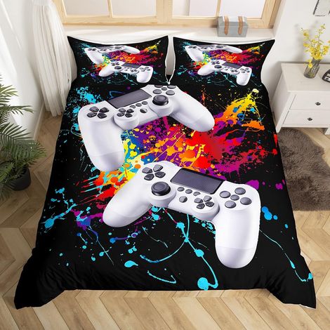 Parure de lit avec housse de couette 135 x 200 cm Motif aquarelle manette de jeux jeux vidéos graffiti à l’encre Pour garçon Teinture multicolore (1/5)