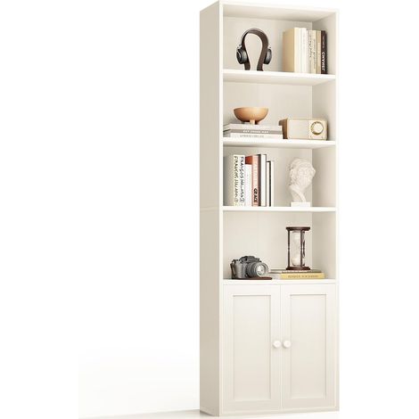 Bibliothèque 6 Niveaux avec Portes, Meuble Rangement 176cm Blanc (1/5)