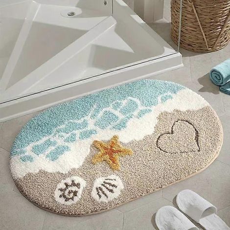 Tapis de bain antidérapant 40 x 60 cm, ovale, absorbant et lavable, motif plage et étoiles de mer, pour baignoire, beige et bleu (1/5)