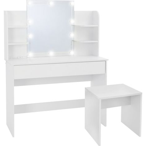 ECD Germany Set Tavolino da Trucco Bianco con Specchio Sgabello e Illuminazione a 10 LED 1 Cassetto e 4 Scomparti 108 x 40 x 140 cm Legno MDF Tavolo Cosmetico da Toeletta per Camera da Letto
