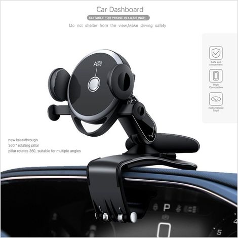 Support téléphone voiture fixation tableau de bord, plaque numéro de stationnement, pince automatique, rotation 360°, mains libres, universel, robuste. (1/4)