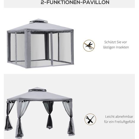Pavillon de jardin métallique double toit 3x3m avec moustiquaire et panneaux latéraux, abri extérieur gris clair