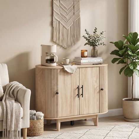 Wohnzimmer-Sideboard, ovales Aufbewahrungsmöbel mit 4 Türen und verstellbaren Einlegeböden, 90 x 40 x 76 cm, Eichenholz. (1/5)