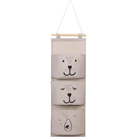Lot de 2 sacs de rangement muraux, 3 poches en coton et lin, imperméables, pliables, amovibles, de taille moyenne, rectangulaires, pour bureau, chambre, armoire, gris (1/4)