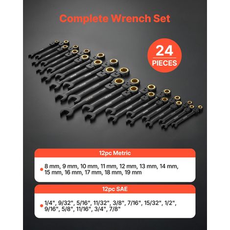 Jeu de Clés Mixtes 24PCs, Clé Plate à Cliquet à Tête Flexible, pour Réparation Domestique et Automobile Atelier, SAE et Métrique, E… (1/5)