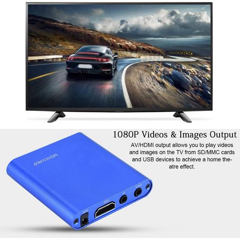 Mini lecteur multimédia HD avec son stéréo et vidéo 1080p, sortie HDMI/AV, prise britannique. (1/5)
