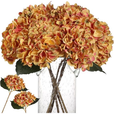 Bouquet d'hortensias artificiels en Soie réaliste pour Mariage, fête, Bureau, décoration de la Maison, Orange brûlé (1/5)