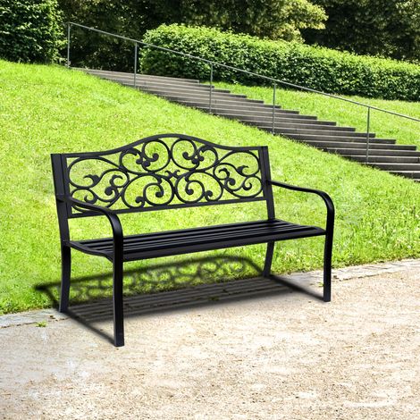 Outsunny 3-Sitzer Gartenbank für Terrasse, Cosy Chic Stil, 127 x 60 x 85 cm (L x B x H), korrosionsbeständiges, epoxidbeschichtetes Metall, Schwarz