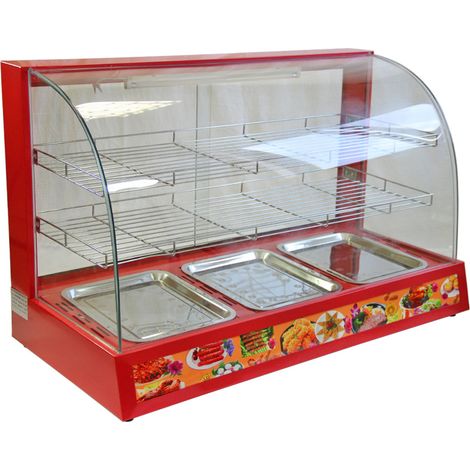 KuKoo Elektrische Beheizte Vitrine Warme Küche Speisewärmer Buffetwärmer 2 Etagen für Lebensmittel mit Glasschiebetüren 90cm rot