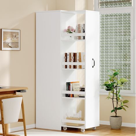 MODFU – Estantería estrecha 40x30x160,5 cm de MDF con ruedas, cajas de protección y espacio para libros A4 para oficina o baño – Blanco (1/5)