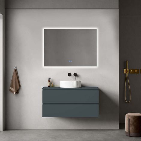Mobile bagno sospeso 100 cm Blu Mare per Lavabo d'appoggio Specchio Quadro Retroilluminato - Fiji Paint Top