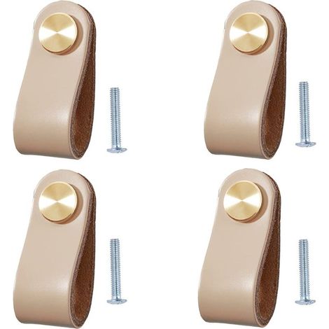 Set of 4 Leather Furniture Handles, Cabinet Door Knobs, Leather Pulls, Drawer Knobs, Vintage Furniture Handles for Cabinets, Dressers, Kitchen, Bathroom (Khaki) (1/5)