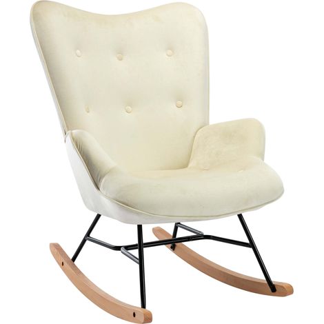 Fauteuil à bascule rocking chair bouton décoratif en tissu velours crème confortable et design FAB10073 (1/4)