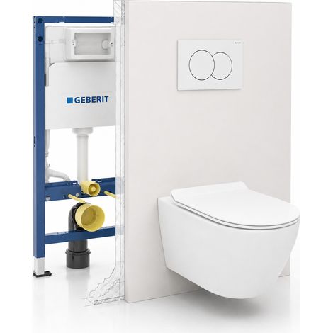 Pack WC suspendu Geberit Duofix, cuvette WC Ceramia sans bride à chasse tourbillonnante, abattant SoftClose, plaque blanche
